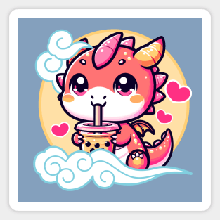 Kawaii Baby Dragon Drinking Boba in the Sky Magnet